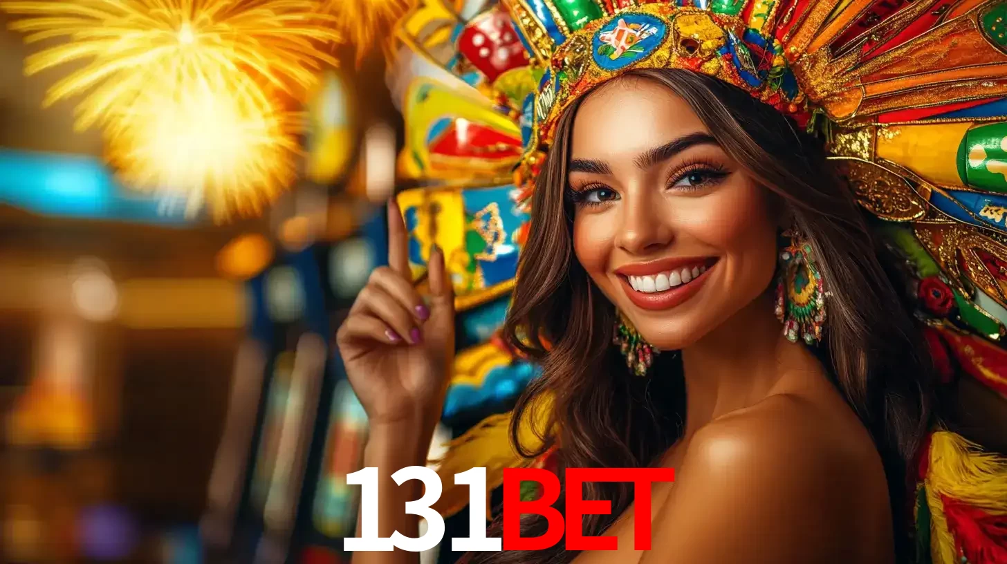 Mulher sorridente com um cocar de carnaval vibrante e colorido, celebrando uma grande vitória nos jogos do cassino 131BET com fogos de artifício ao fundo.