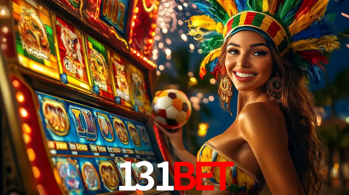 Mulher com um cocar de carnaval ao lado de uma máquina de caça-níqueis enquanto segura uma bola de futebol, mostrando a união da diversão de cassino e esportes no 131BET.