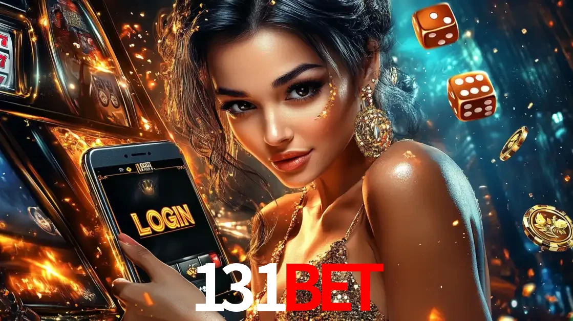 Mulher glamourosa segurando um celular com a tela de login do cassino 131BET, rodeada por dados e moedas douradas, pronta para começar a diversão.