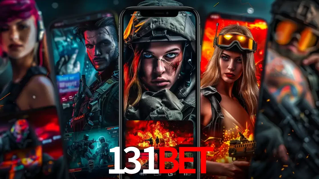 Montagem de telas de celular mostrando diversos personagens, masculinos e femininos, de um jogo de tiro, ilustrando a diversidade de equipes de e-sports para apostar no 131BET.
