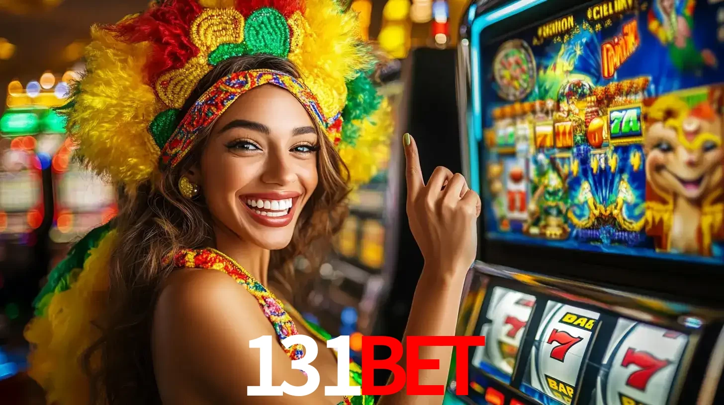 Mulher animada com um cocar de carnaval apontando para uma máquina de caça-níqueis, mostrando a emoção de ganhar um grande prêmio nos jogos do 131BET.