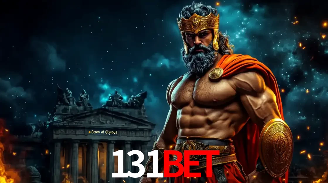 O poderoso Zeus do jogo de slot Gates of Olympus em frente ao seu templo, pronto para lançar multiplicadores divinos e prêmios épicos no cassino online 131BET.