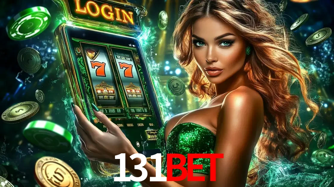 Mulher com tema verde apresentando o aplicativo do cassino 131BET com um jogo de slot de 777, cercada por fichas de cassino e uma aura de sorte.