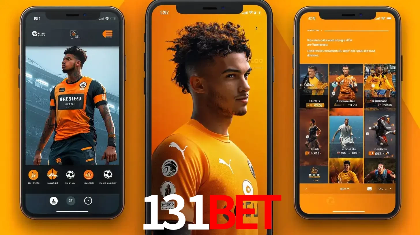 Interface do aplicativo de apostas esportivas 131BET em três telas de celular, mostrando o perfil de um jogador de futebol e a lista de jogos disponíveis para apostar.