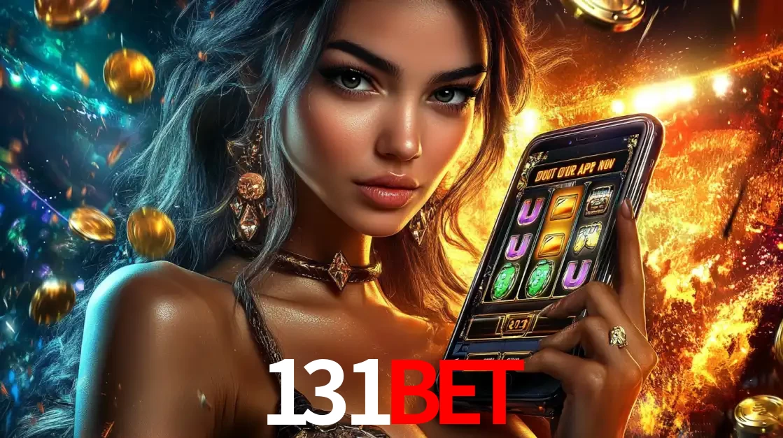 Mulher elegante mostrando um jogo de caça-níqueis em seu smartphone, destacando a experiência de cassino móvel oferecida pelo aplicativo 131BET.