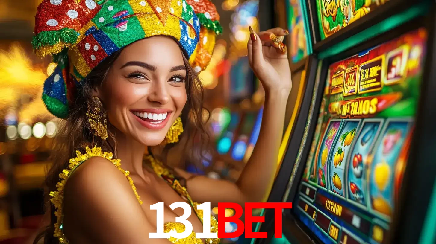 Mulher feliz com traje de carnaval amarelo e colorido ao lado de uma máquina de caça-níqueis, aproveitando a diversão e os jogos temáticos do cassino 131BET.