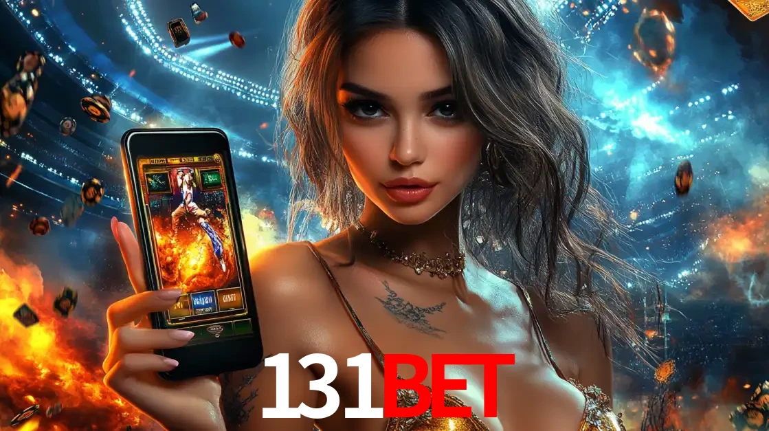 Mulher segurando um celular com um jogo de slot em destaque, tendo como fundo um estádio vibrante, simbolizando a emoção de jogar no cassino móvel 131BET.