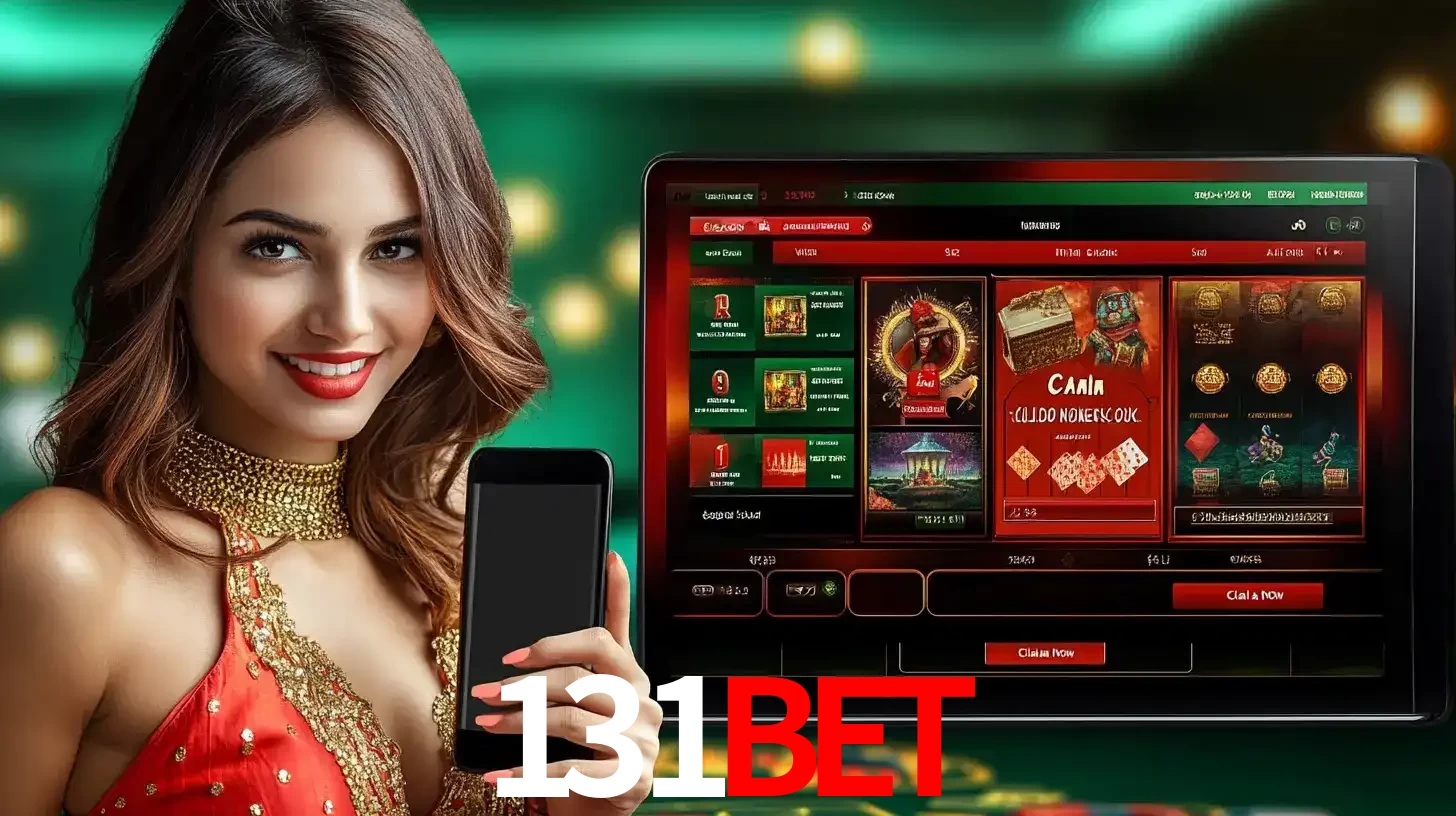 Mulher sorridente segurando um smartphone, ao lado de uma tela exibindo o lobby de jogos do cassino online 131BET, com várias opções de jogos de cartas e slots.